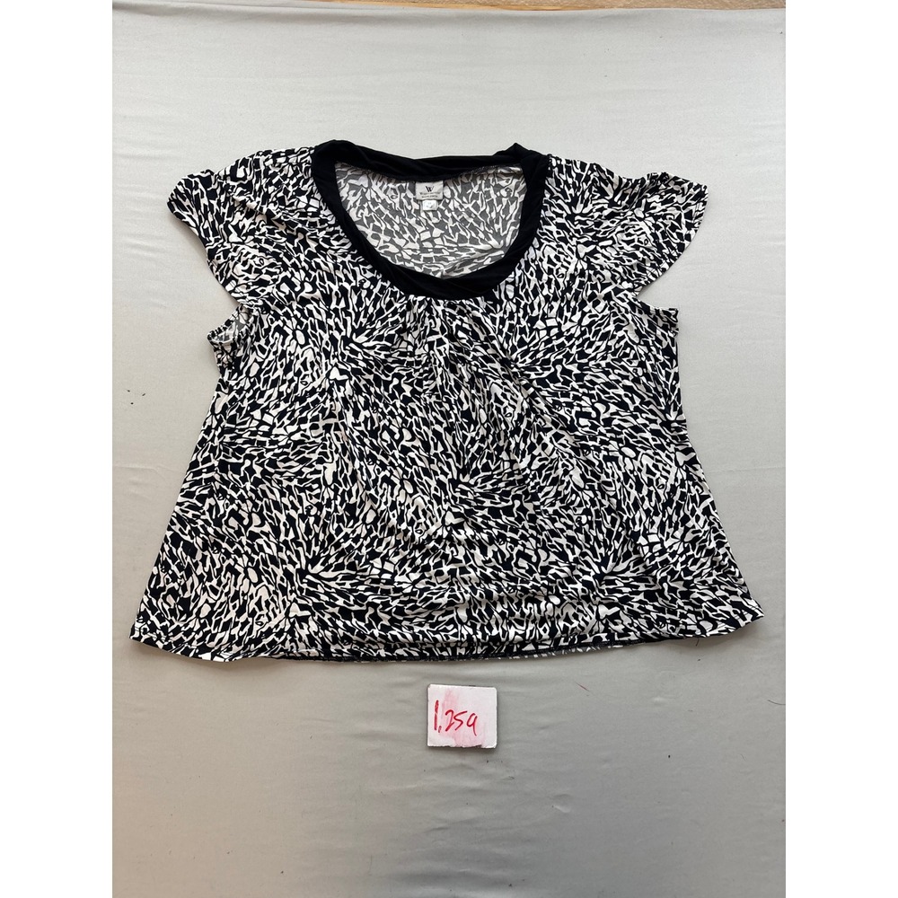 Worthington Woman Stretch Top 3X Black White Abstract Geometric Scoop Blouse